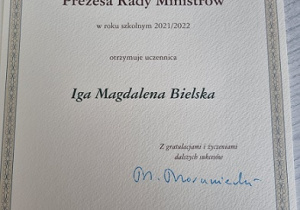 dyplom Stypendium Prezesa Rady Ministrów Iga Bielska kl. 2c